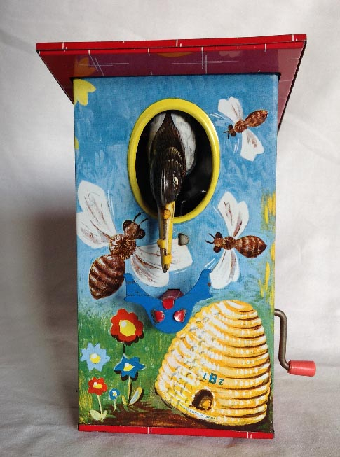 vintage West German made tin plate honey bee and animals money bank box toy by LBZ